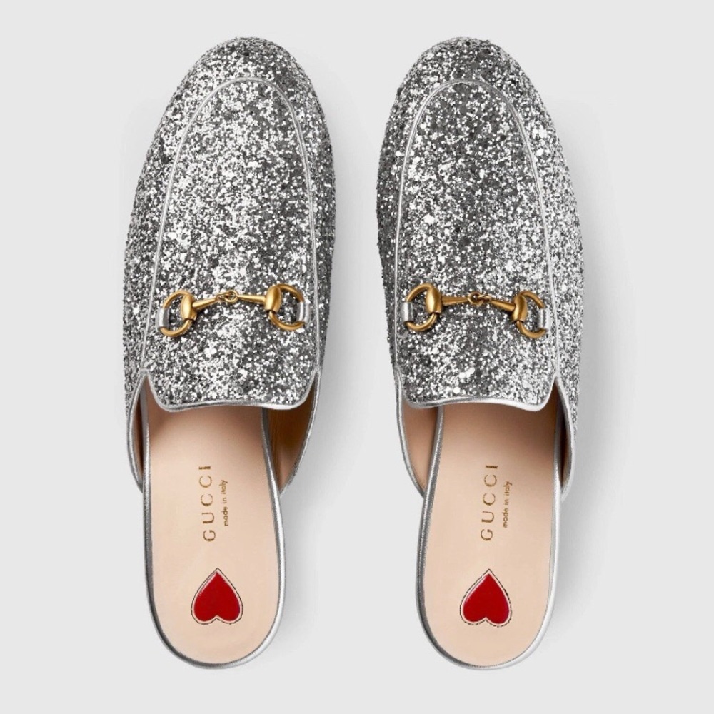 $750 Gucci Made in Italy Princetown Silver Glitter Horsebit Mules Slippers 6.5